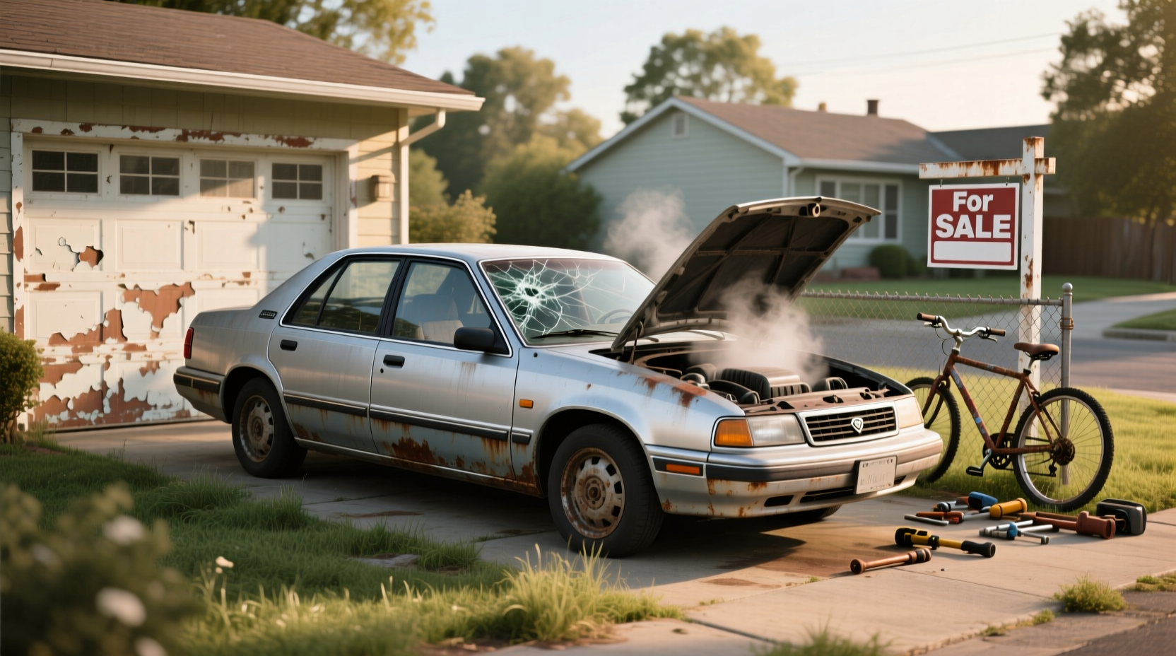 Side view of 1994 Dodge Shadow hatchback showing rear hatch open