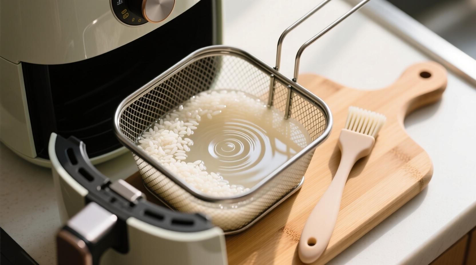 Close-up of a stainless steel air fryer basket with visible grease residue, next to a small ceramic bowl holding lemon juice and coarse sea salt, with a soft silicone brush resting beside it—demonstrating the exact materials and proportions for eco-safe cleaning.