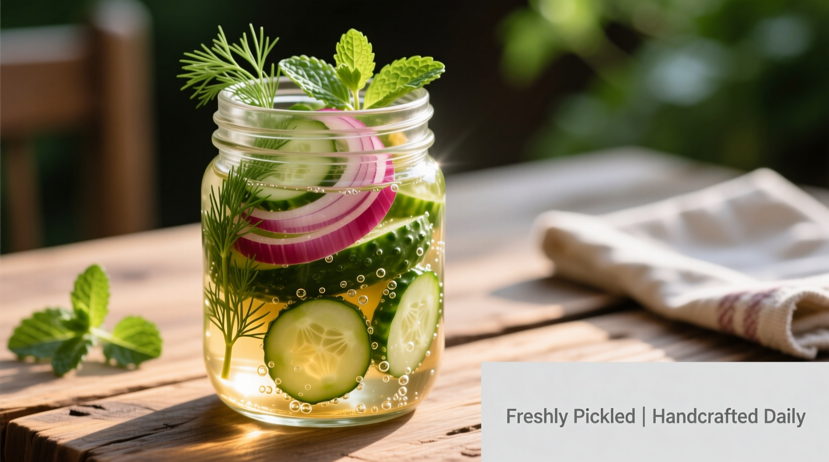 Crisp pickled cucumber onion in glass jar with fresh herbs