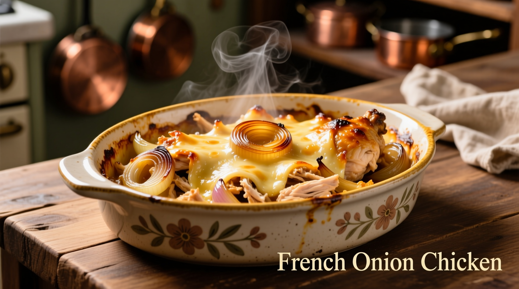 Golden French onion chicken bubble up in ceramic dish