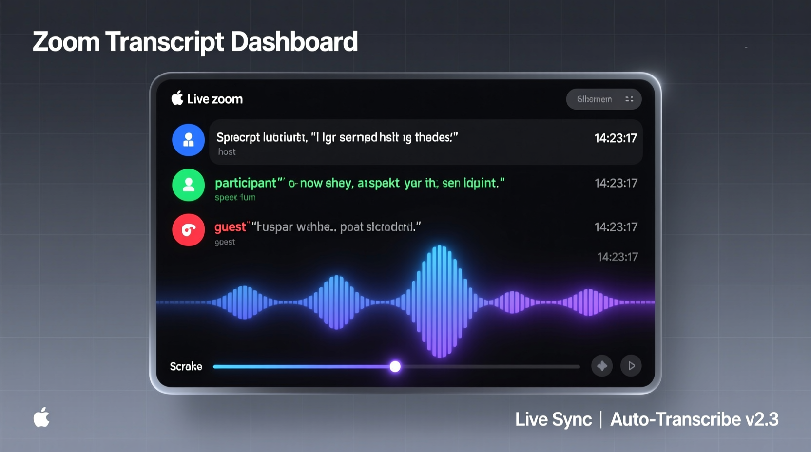 Dashboard view showing a Zoom meeting transcript with color-coded speaker labels, precise timestamps beside each utterance, and a waveform scrubber aligned to spoken segments