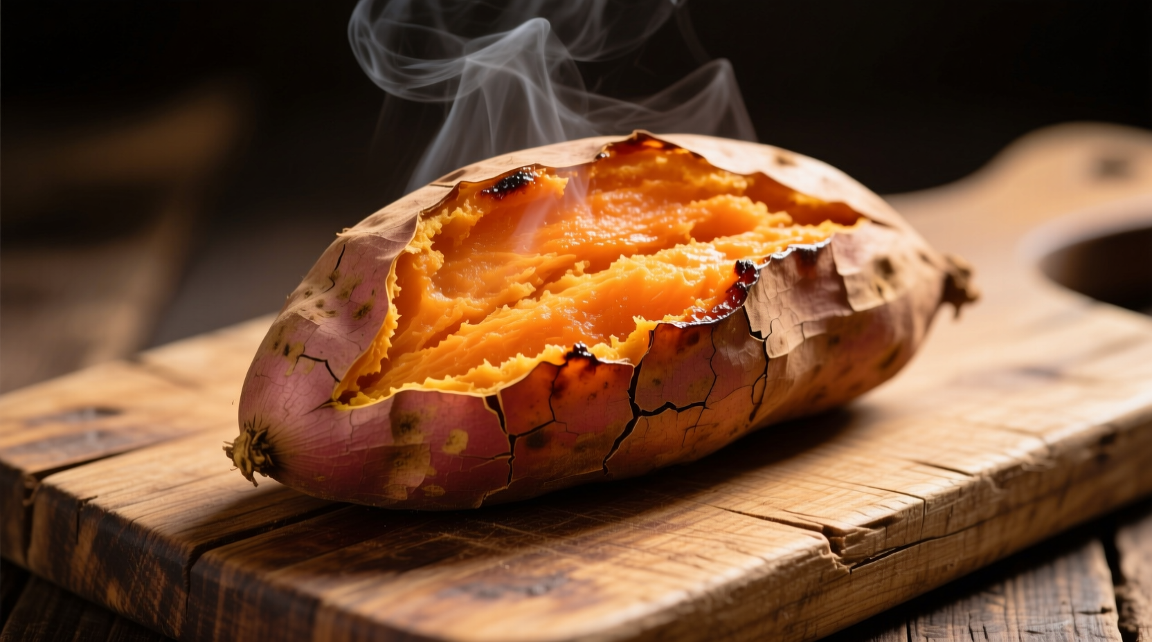 Baked sweet potato with skin on wooden cutting board