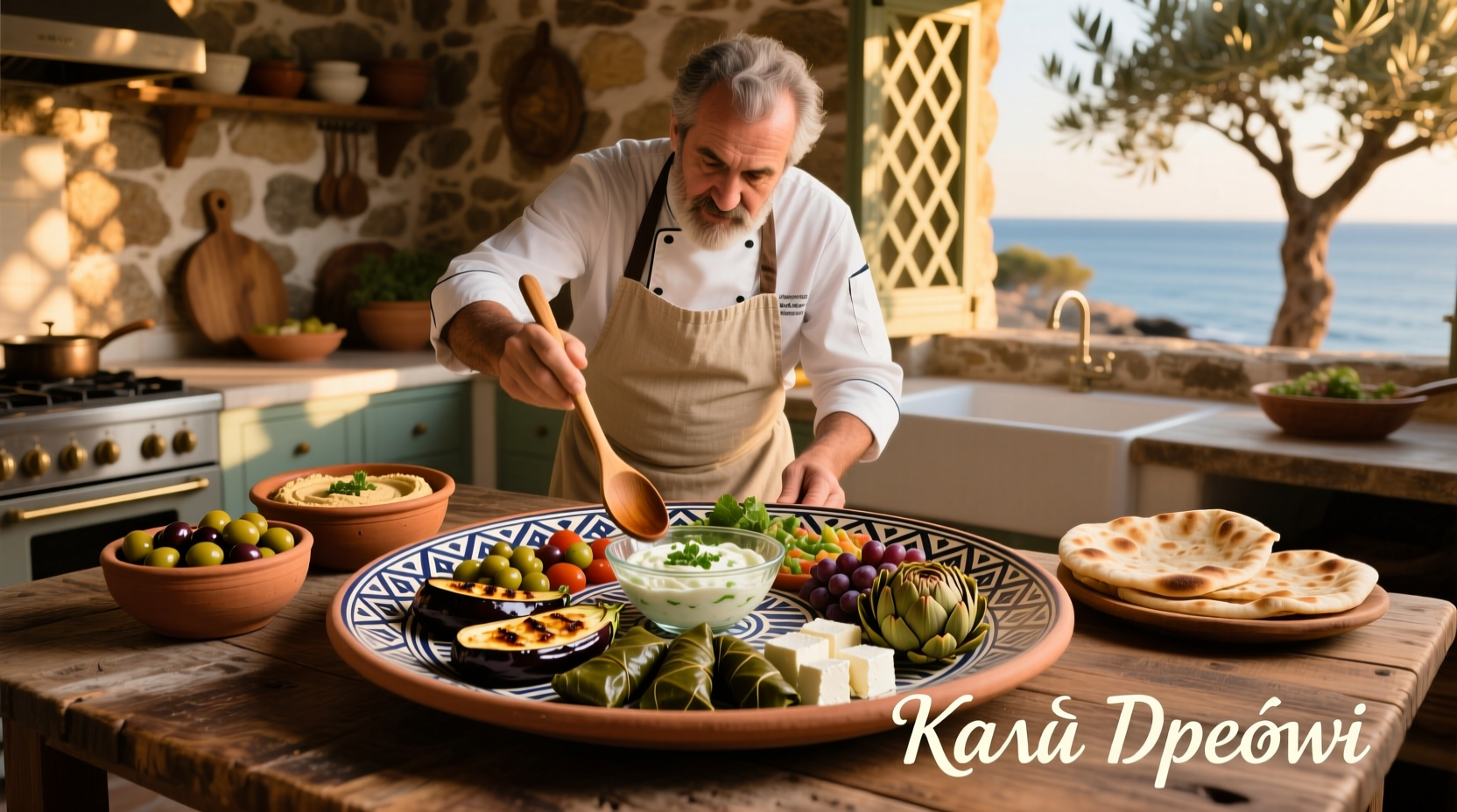 Chef preparing traditional Mediterranean mezze platter