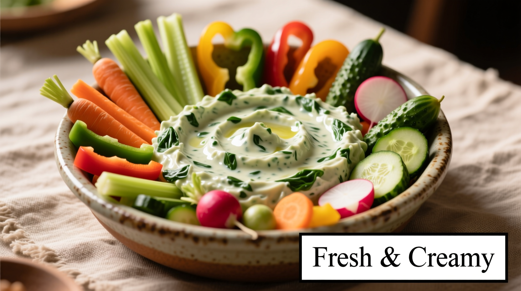 Creamy spinach dip in serving bowl with vegetable crudités