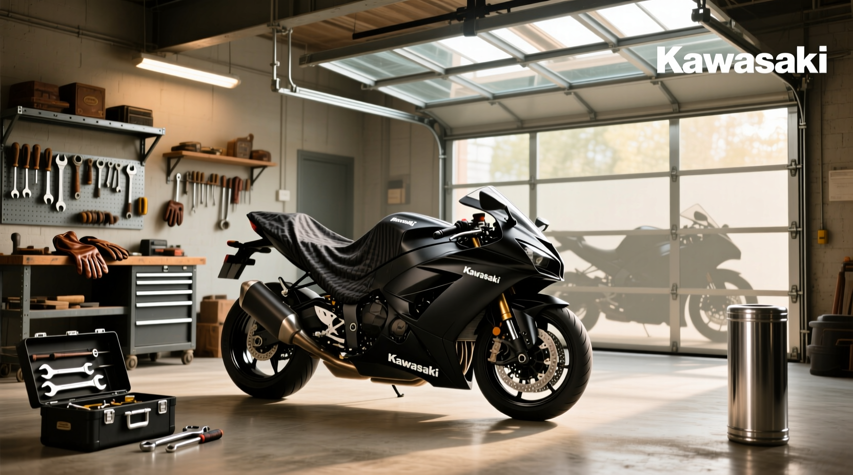 Kawasaki motorcycle under protective cover in garage