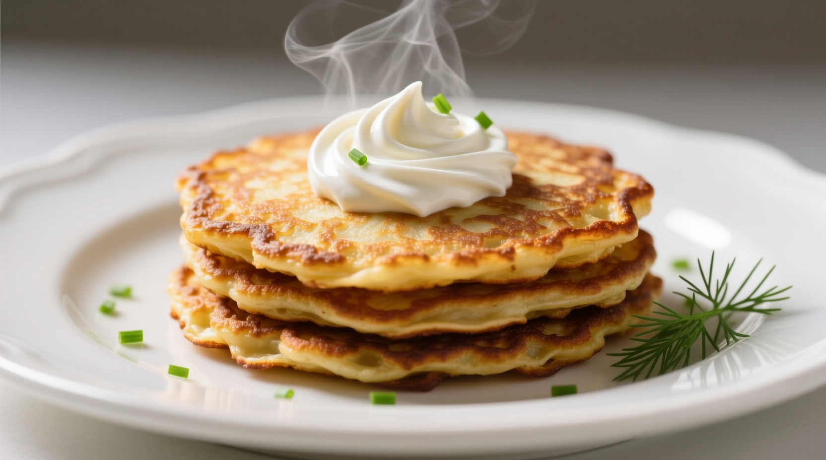 Golden brown potato pancakes on a white plate with sour cream