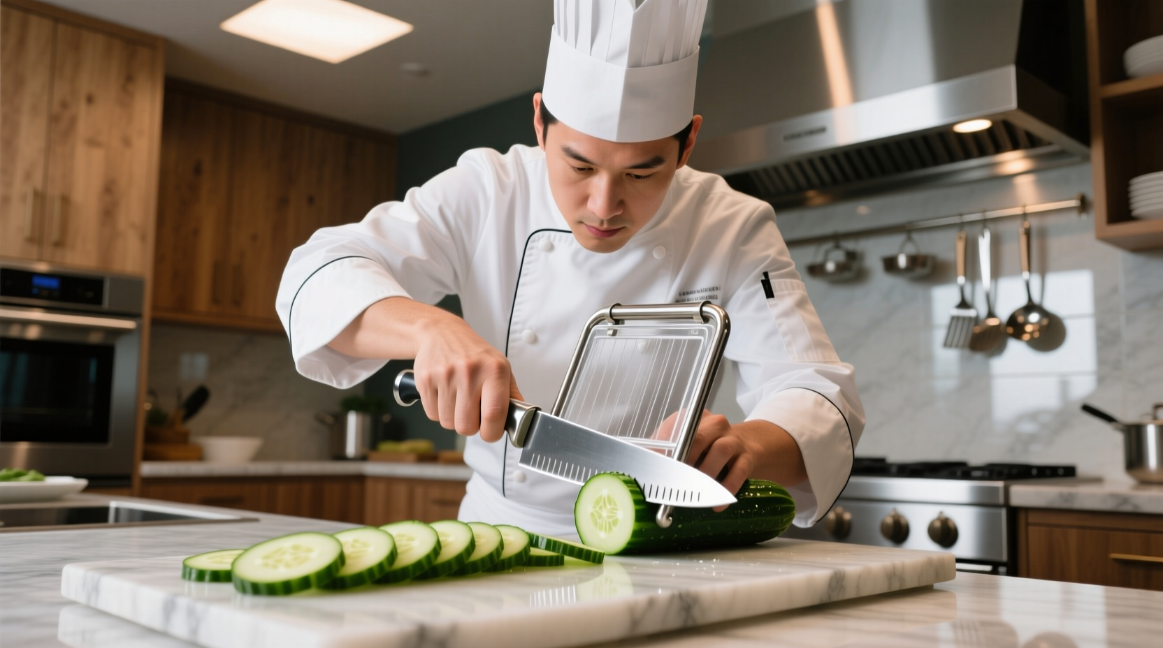 Professional chef using a mandoline slicer with safety guard