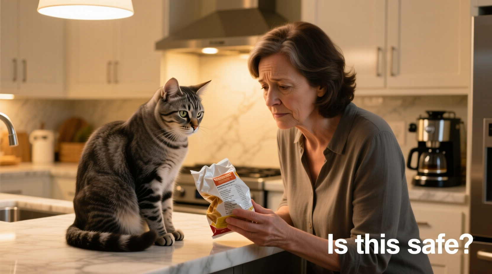 Cat with concerned owner checking food ingredients
