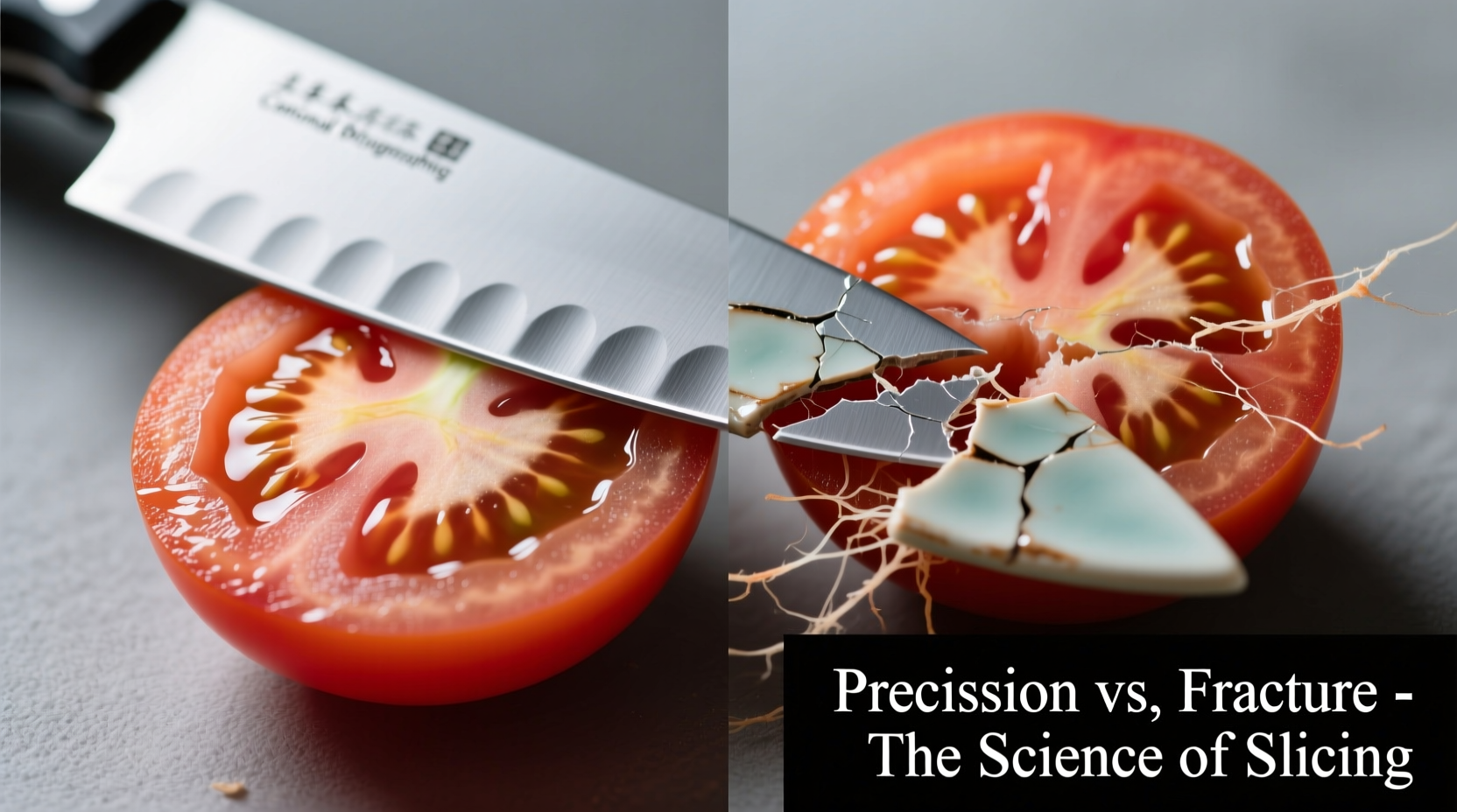Side-by-side macro photo showing clean, intact tomato slices from a Japanese steel knife versus crushed, jagged slices from a ceramic knife—same tomato, same pressure, same board