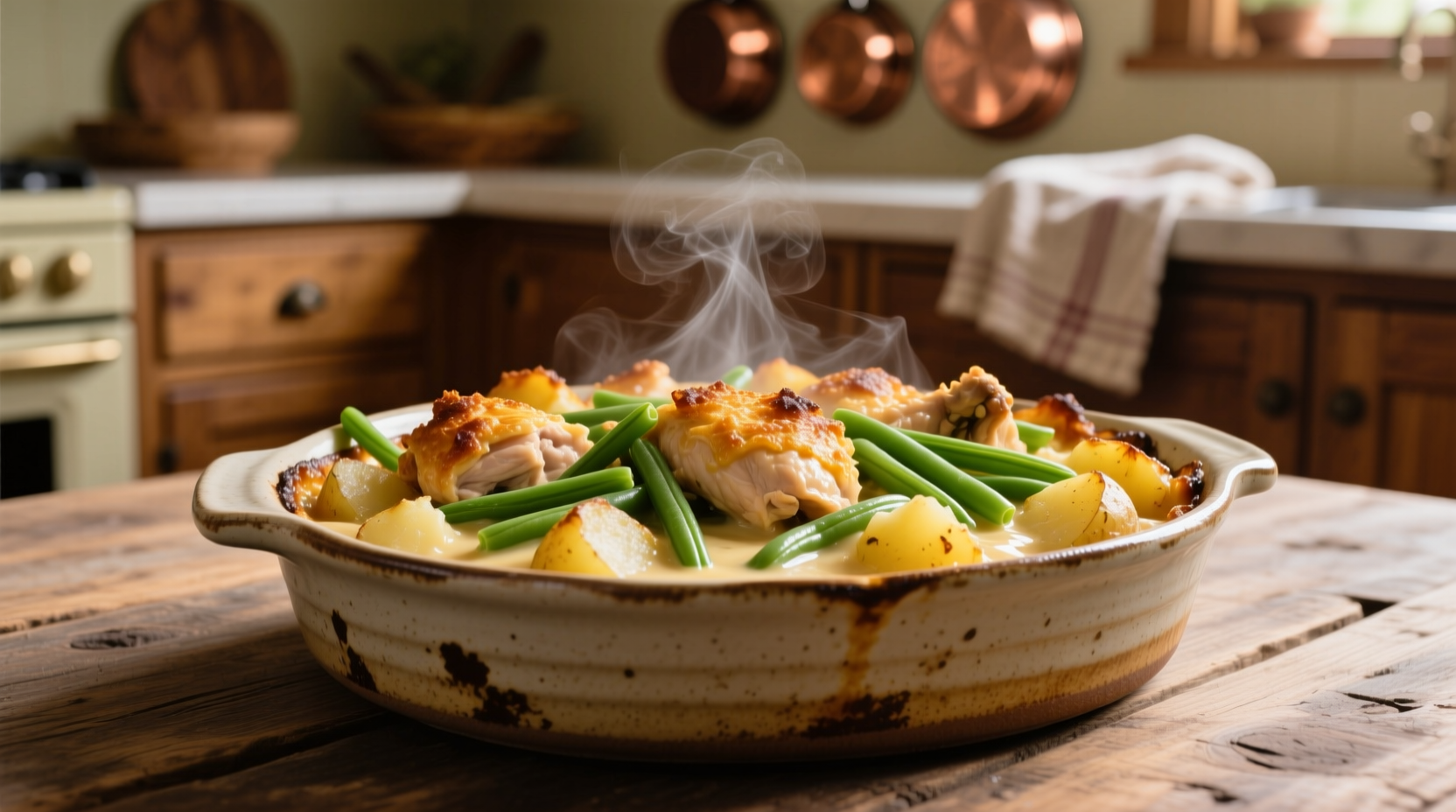 Golden chicken green bean potato bake in ceramic dish