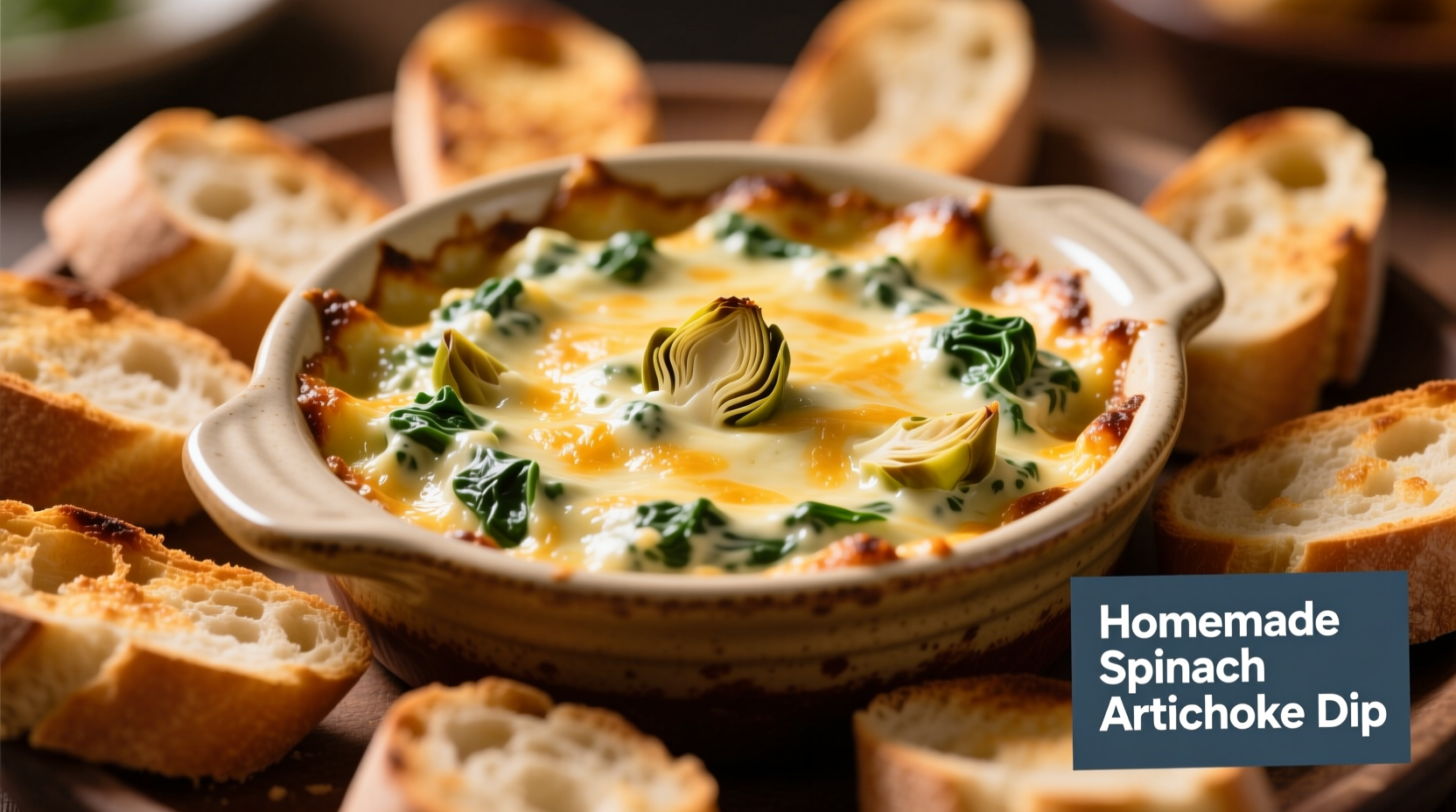 Creamy spinach artichoke dip in baking dish with toasted baguette slices