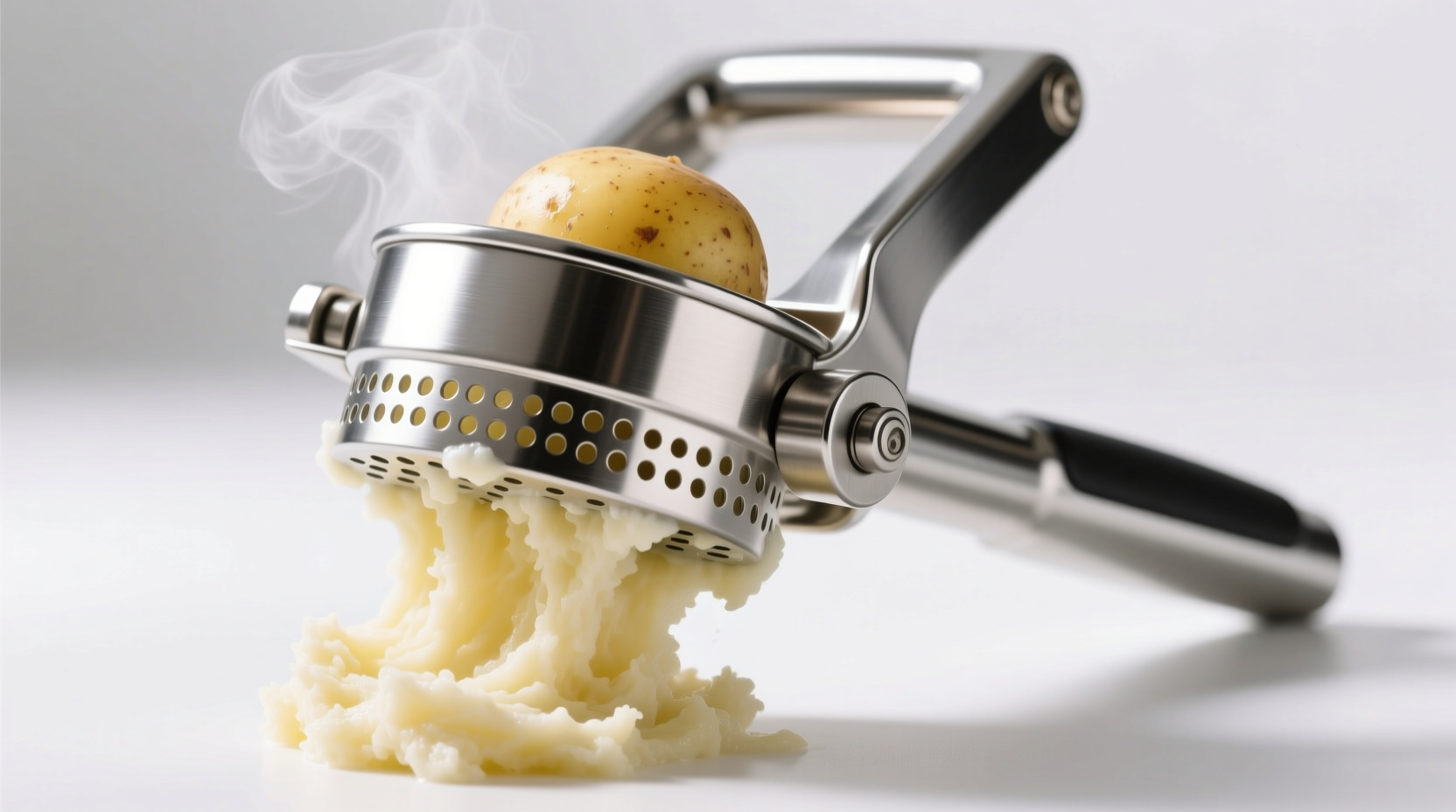 Stainless steel potato ricer with cooked potatoes