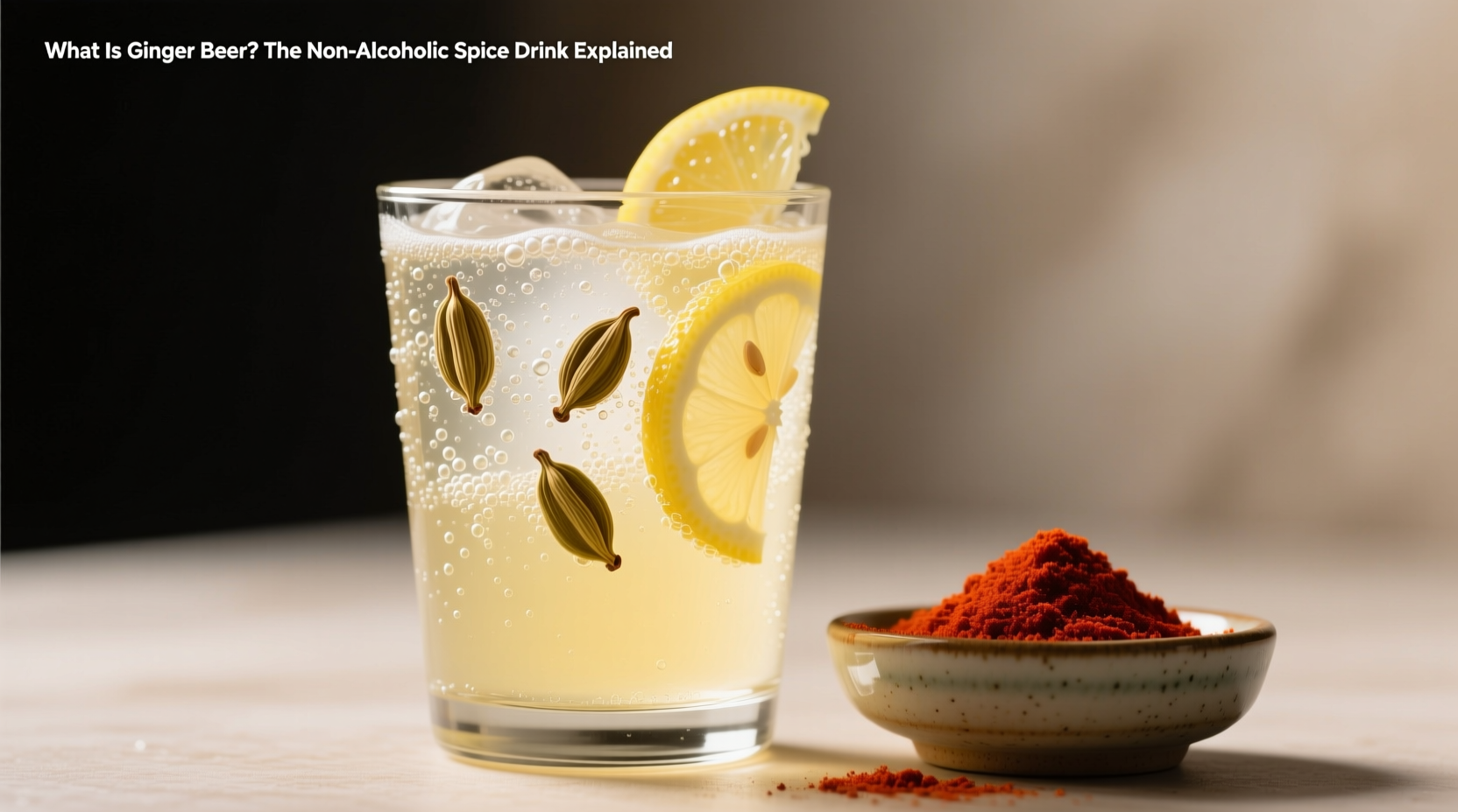 Glass of ginger beer with floating cardamom pods and lemon slices, next to a small bowl of smoked paprika