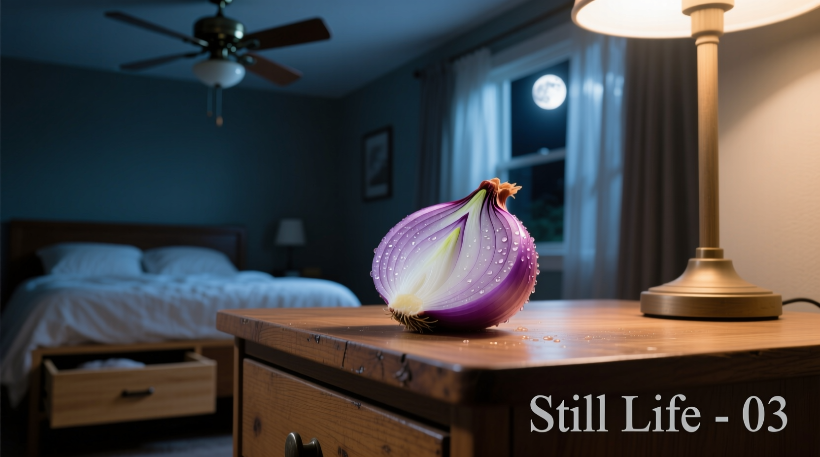 Raw onion slice on nightstand beside bed