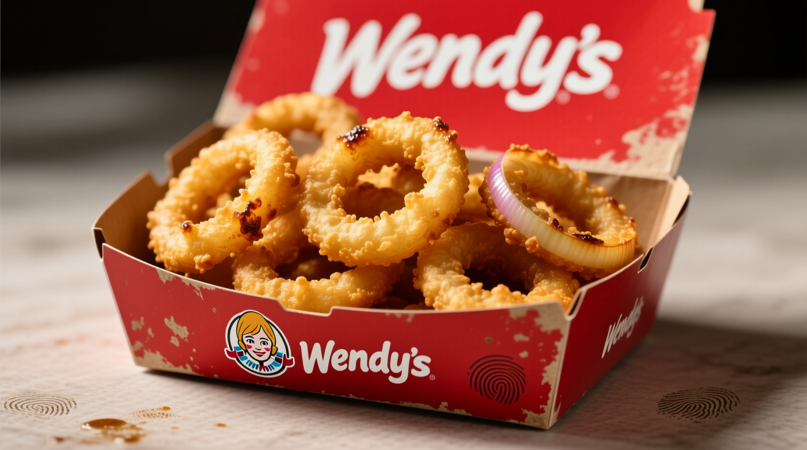 Golden brown Wendy's onion rings served in a red container
