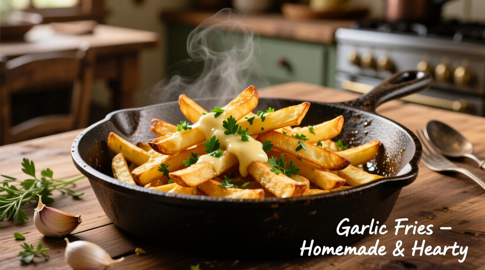 Homemade garlic fries in cast iron skillet