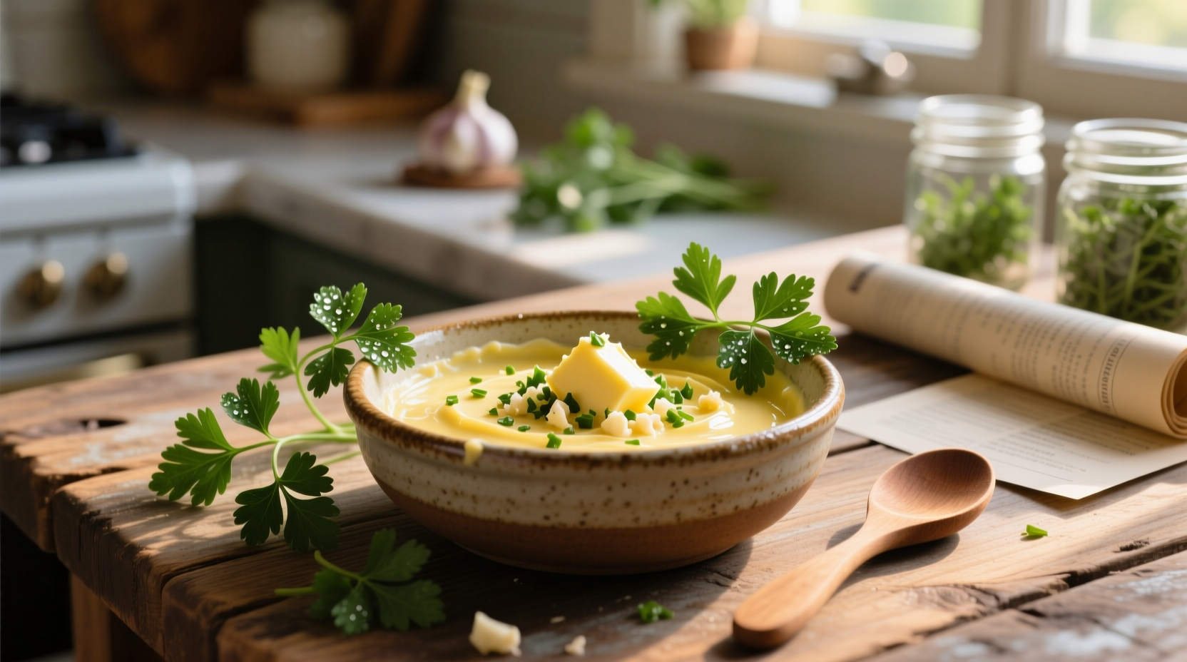 Homemade garlic butter in a ceramic bowl with fresh parsley