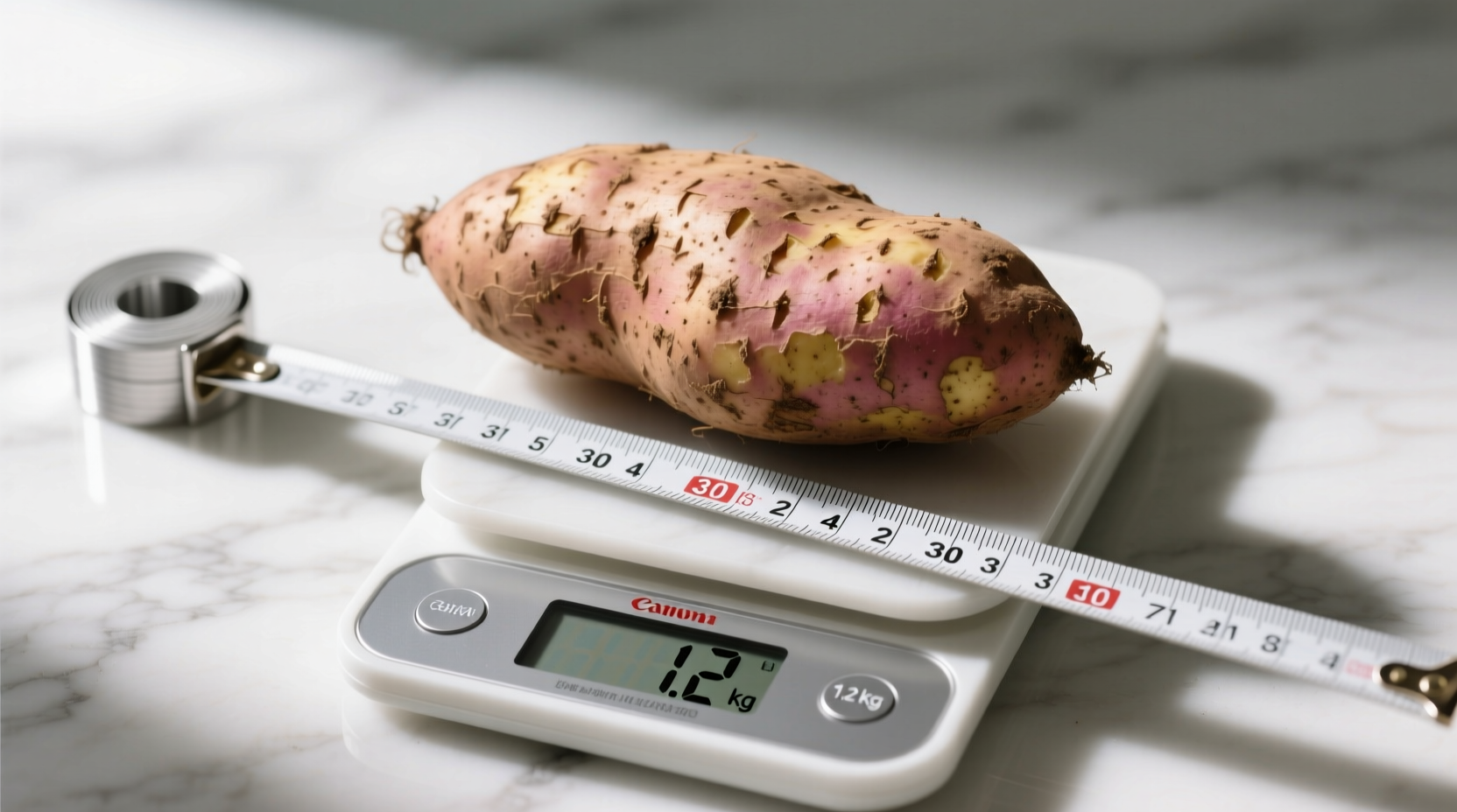 Raw sweet potato with measuring tape and scale