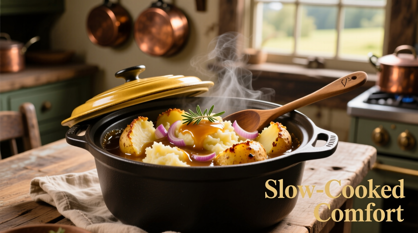 Golden crock pot potatoes with onion gravy