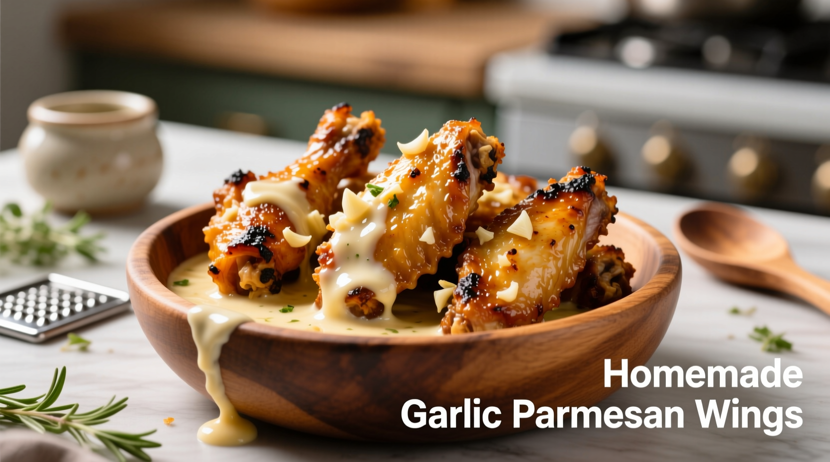 Homemade garlic parmesan wing sauce drizzled over crispy chicken wings