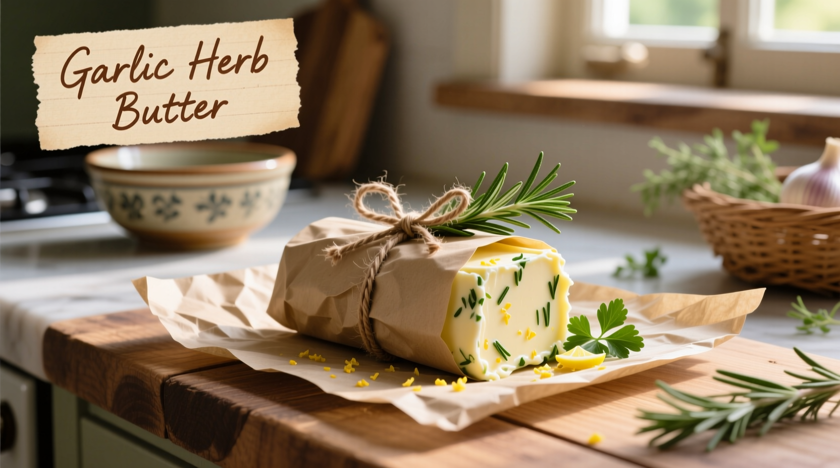 Homemade garlic herb butter rolled in parchment paper