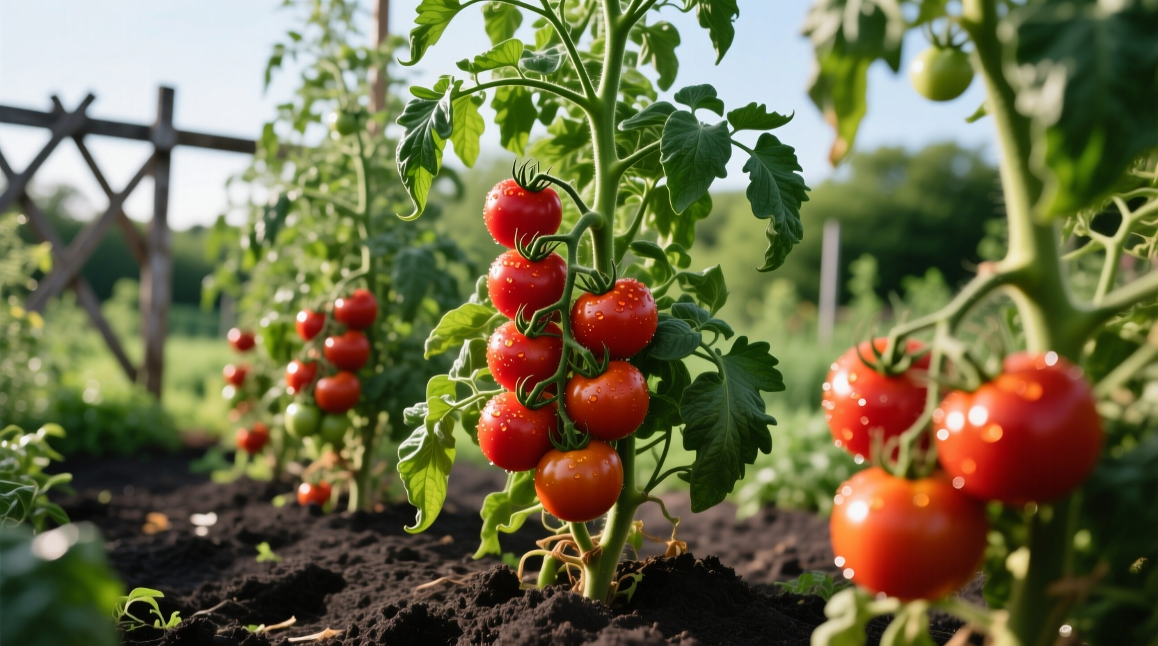 Healthy tomato plants growing in garden with red ripe fruit