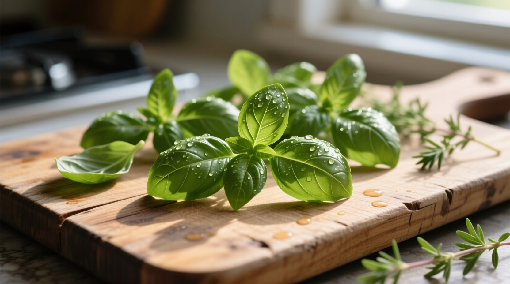 Fresh basil leaves on wooden cutting board