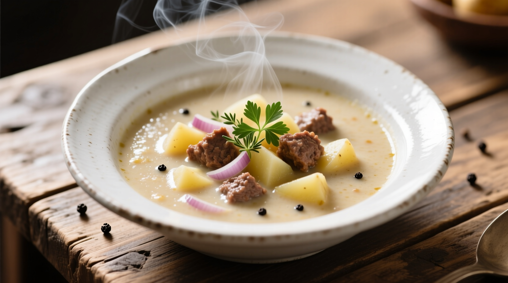 Hearty potato soup with hamburger meat in white bowl