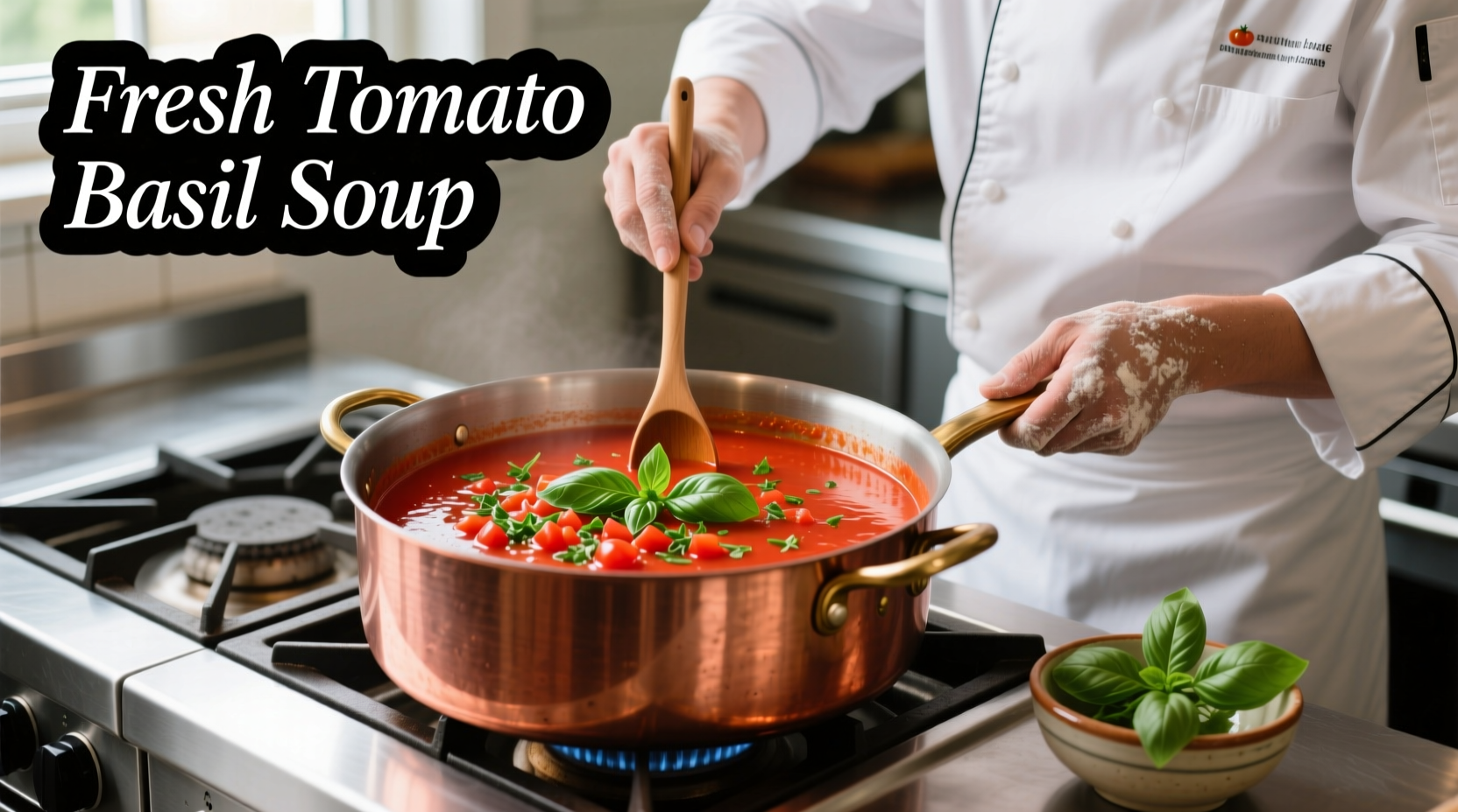 Chef preparing fresh tomato soup with basil garnish
