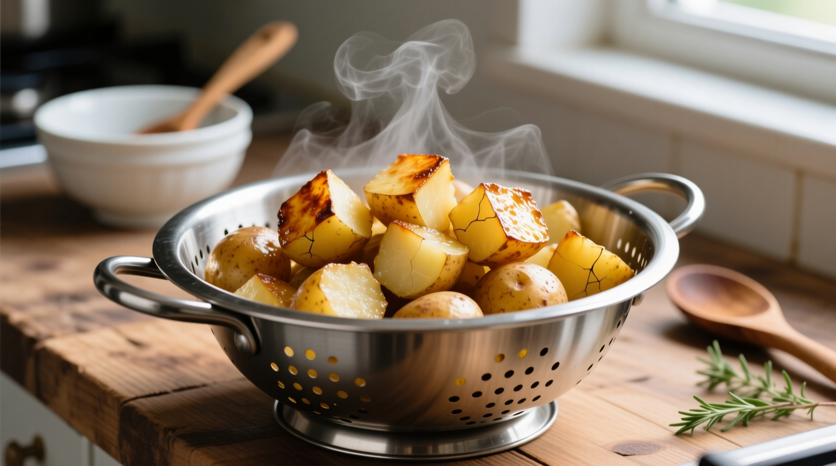 Perfectly cooked potato cubes in colander