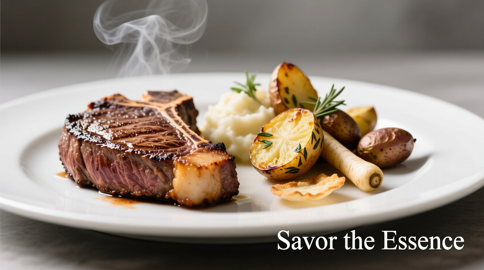 Premium steak and specialty potatoes on white plate