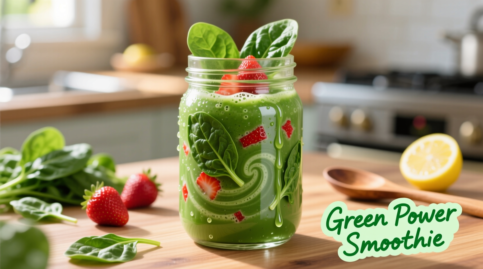 Vibrant green spinach and strawberry smoothie in glass