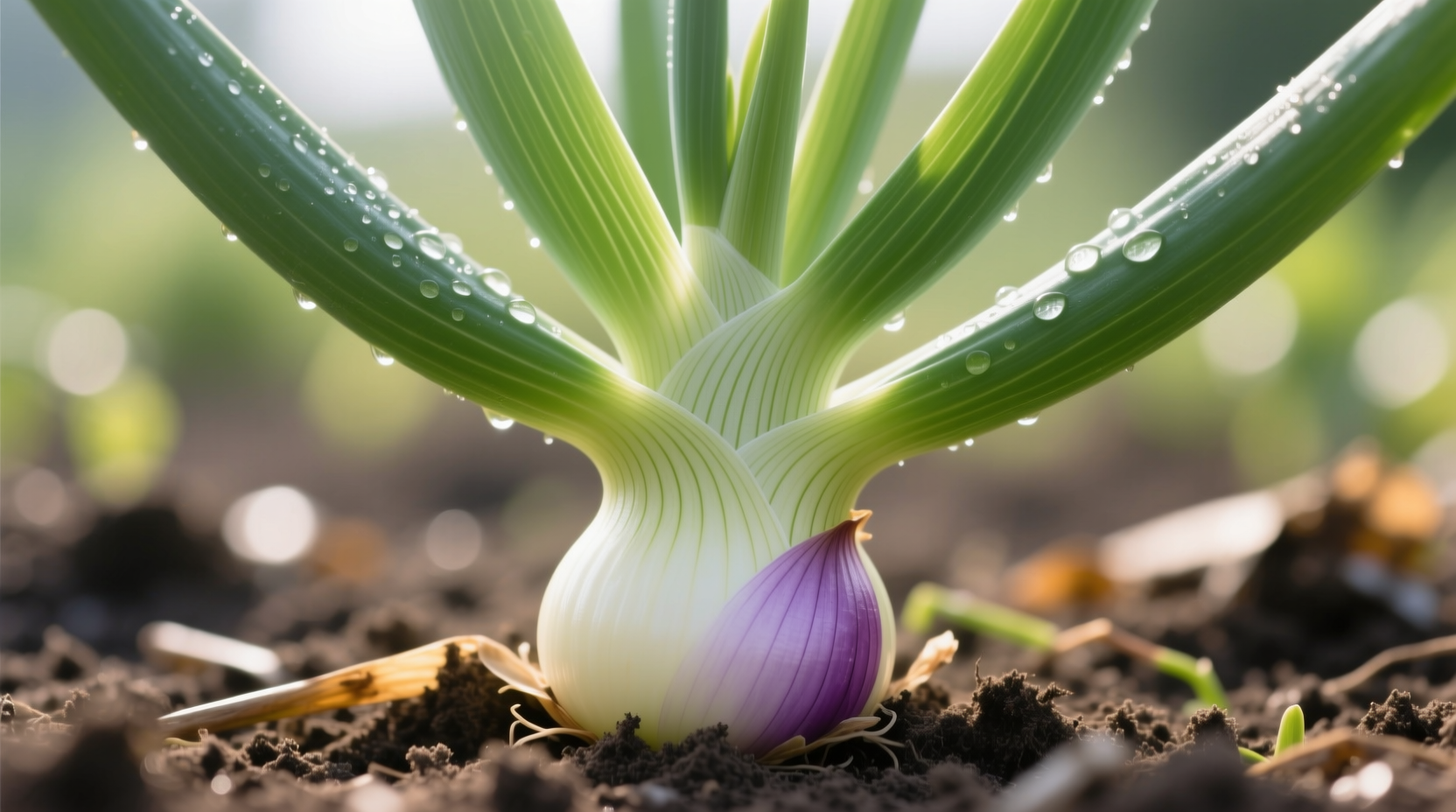 Close-up of onion plant showing hollow green leaves and developing bulb