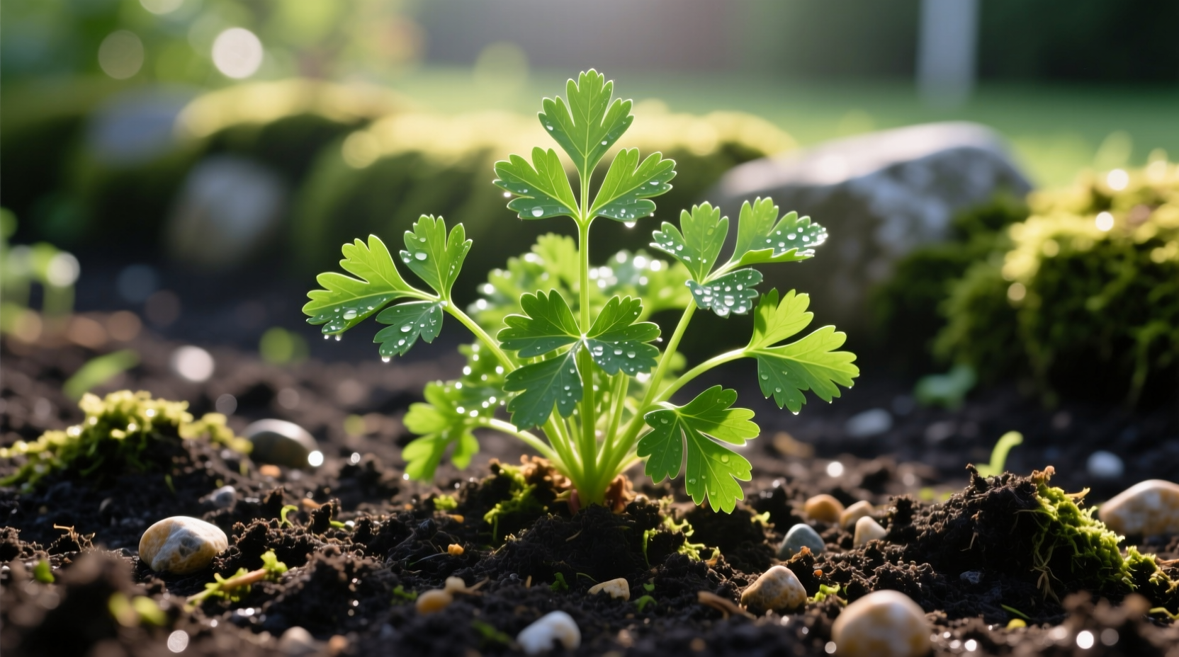 Healthy parsley plant in garden soil