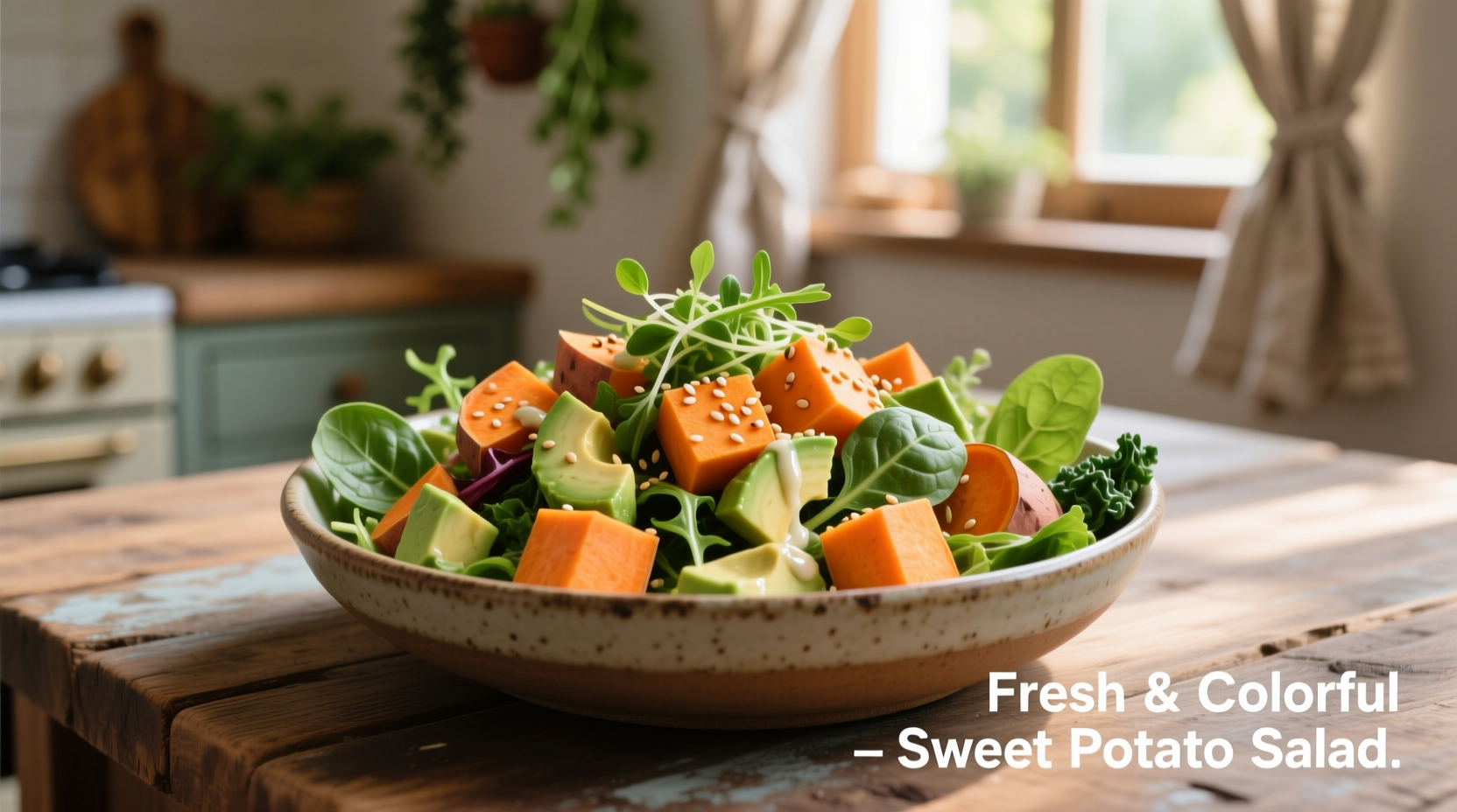 Colorful sweet potato salad with avocado and greens