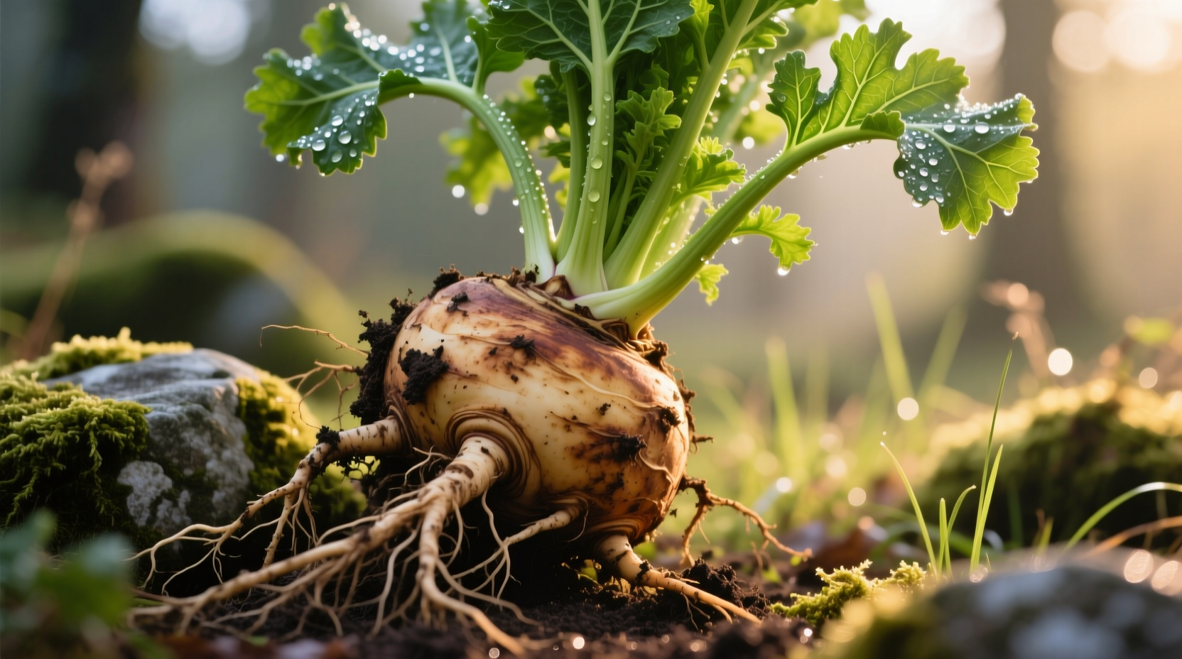 Fresh celeriac root with leafy greens attached