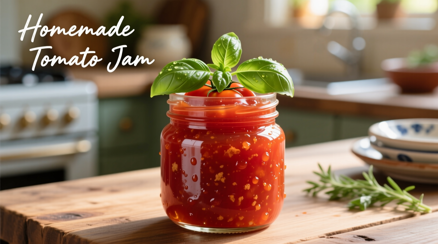 Vibrant red tomato jam in glass jar with fresh basil garnish