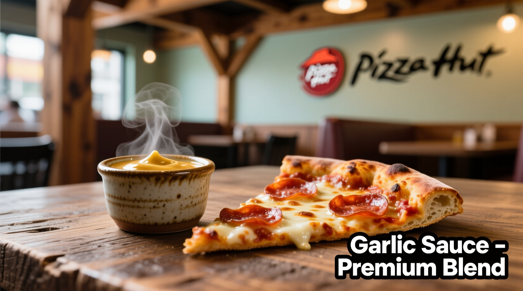 Pizza Hut garlic sauce in dipping cups with pizza