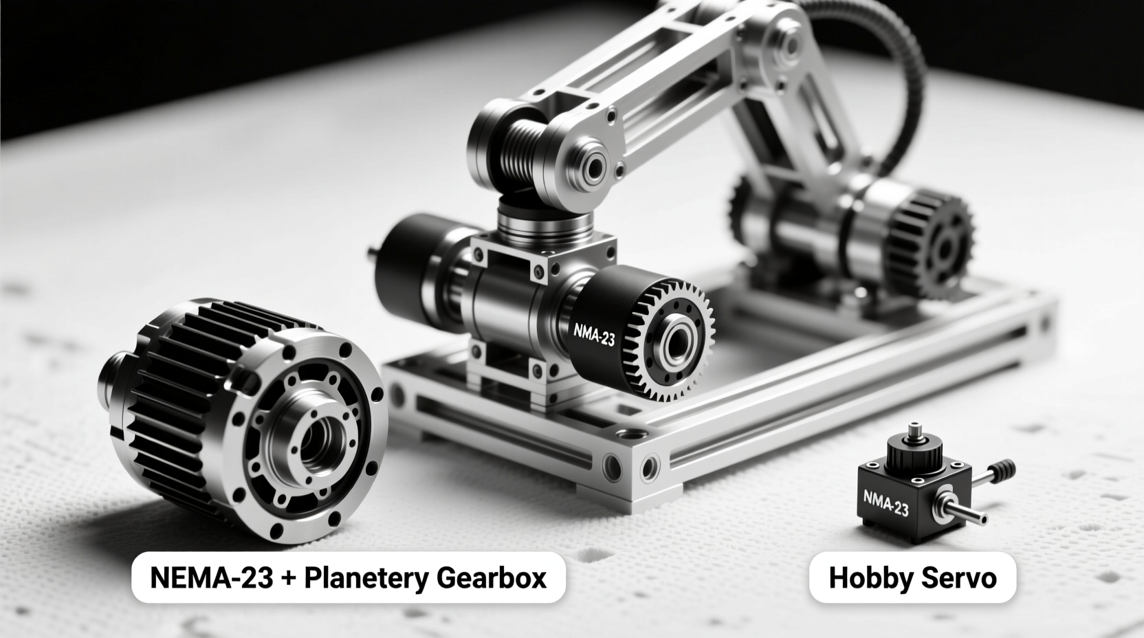 Comparison photo: high-quality NEMA-23 stepper motor with planetary gearbox versus low-torque hobby servo