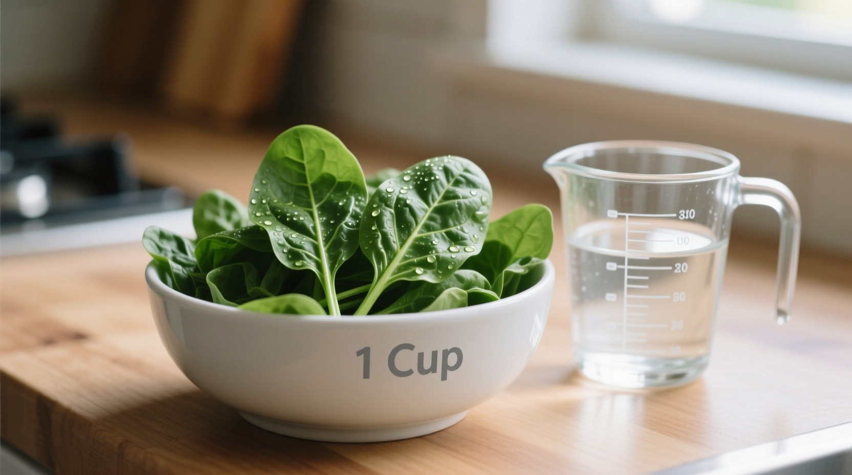 Fresh spinach leaves in a bowl with measuring cup