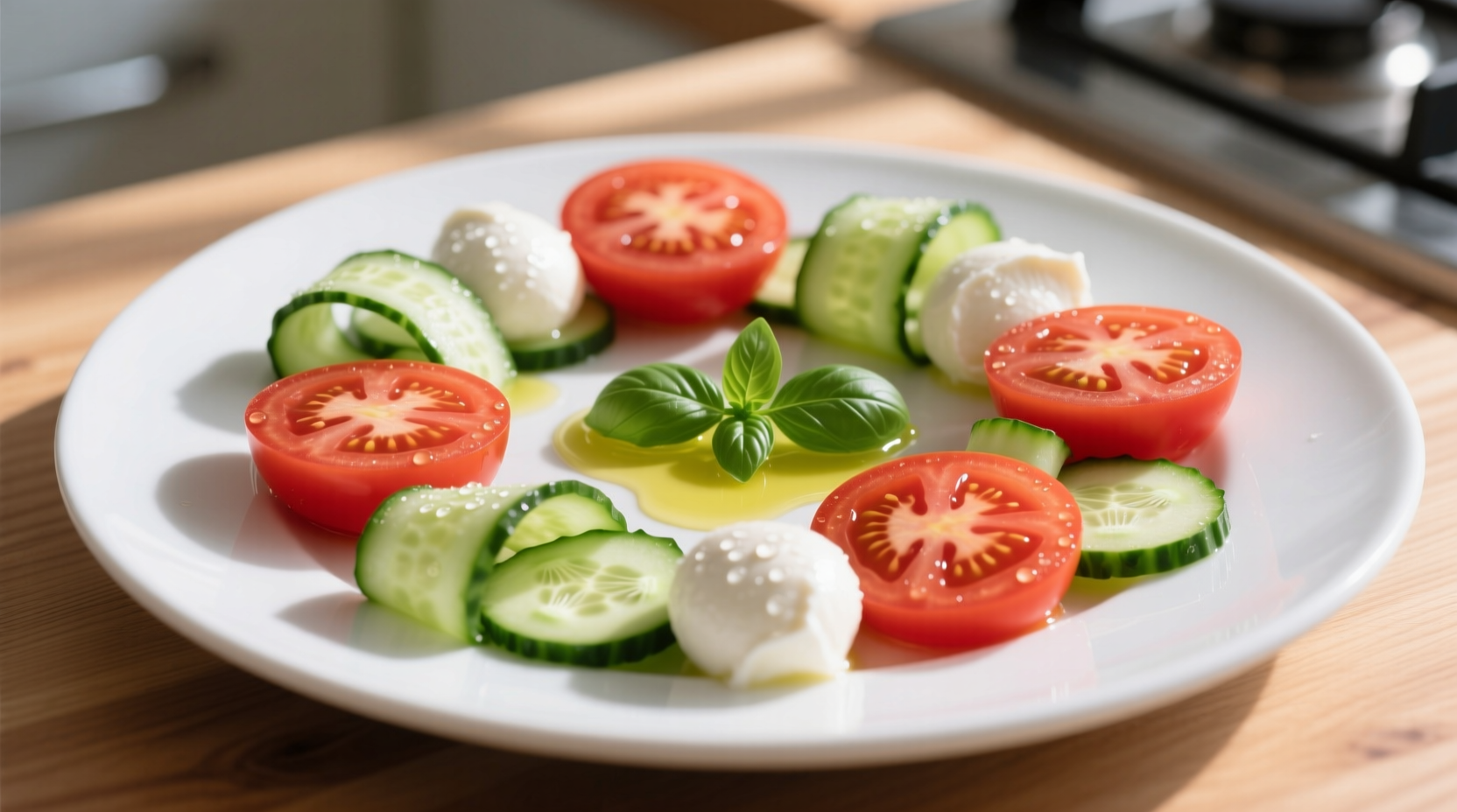 Fresh tomato cucumber mozzarella salad on white plate
