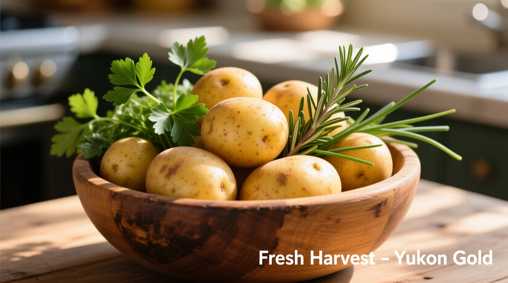 Yukon Gold potatoes in a wooden bowl with fresh herbs