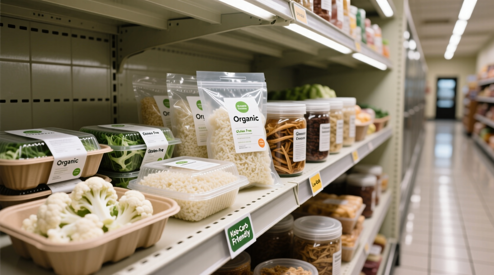 Cauliflower rice varieties in grocery store