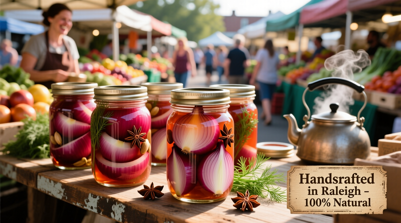 Artisanal pickled red onions in mason jars at Raleigh farmers market