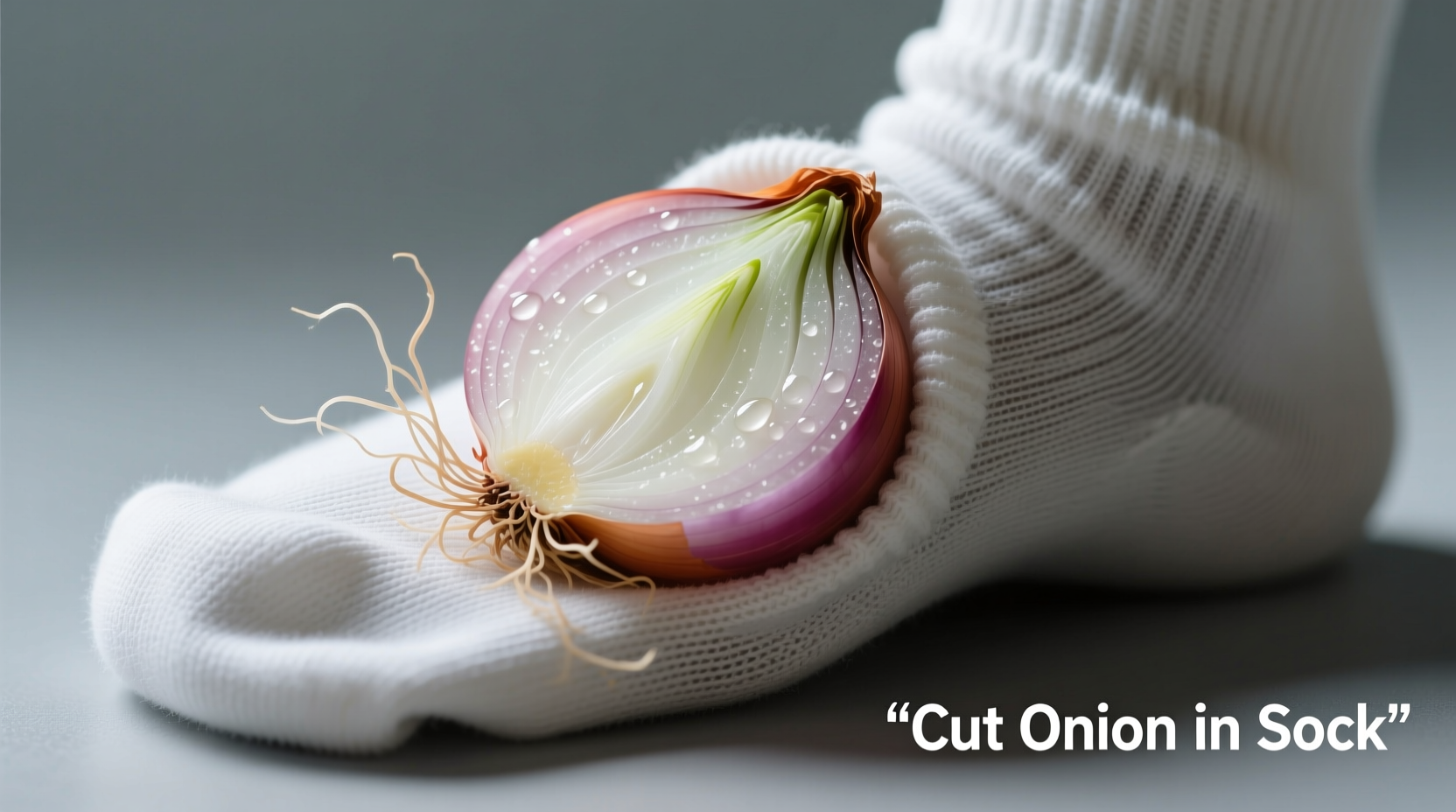 Cut onion placed inside white athletic sock