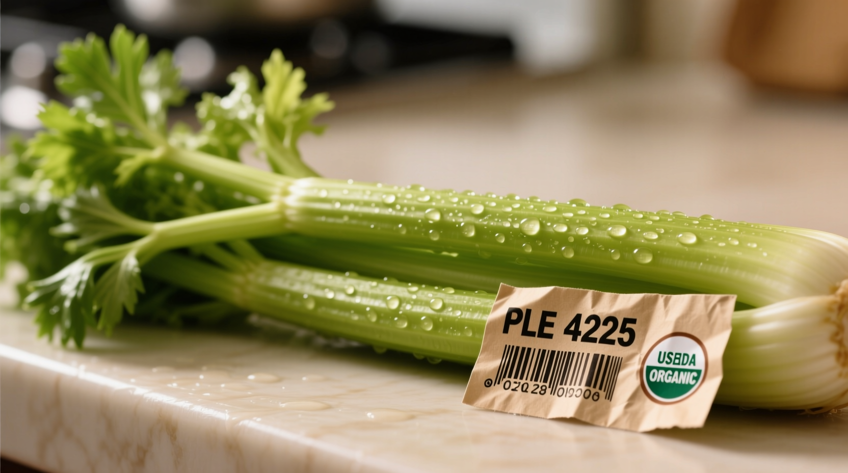 Close-up of celery stalk with label showing PLU code and organic certification