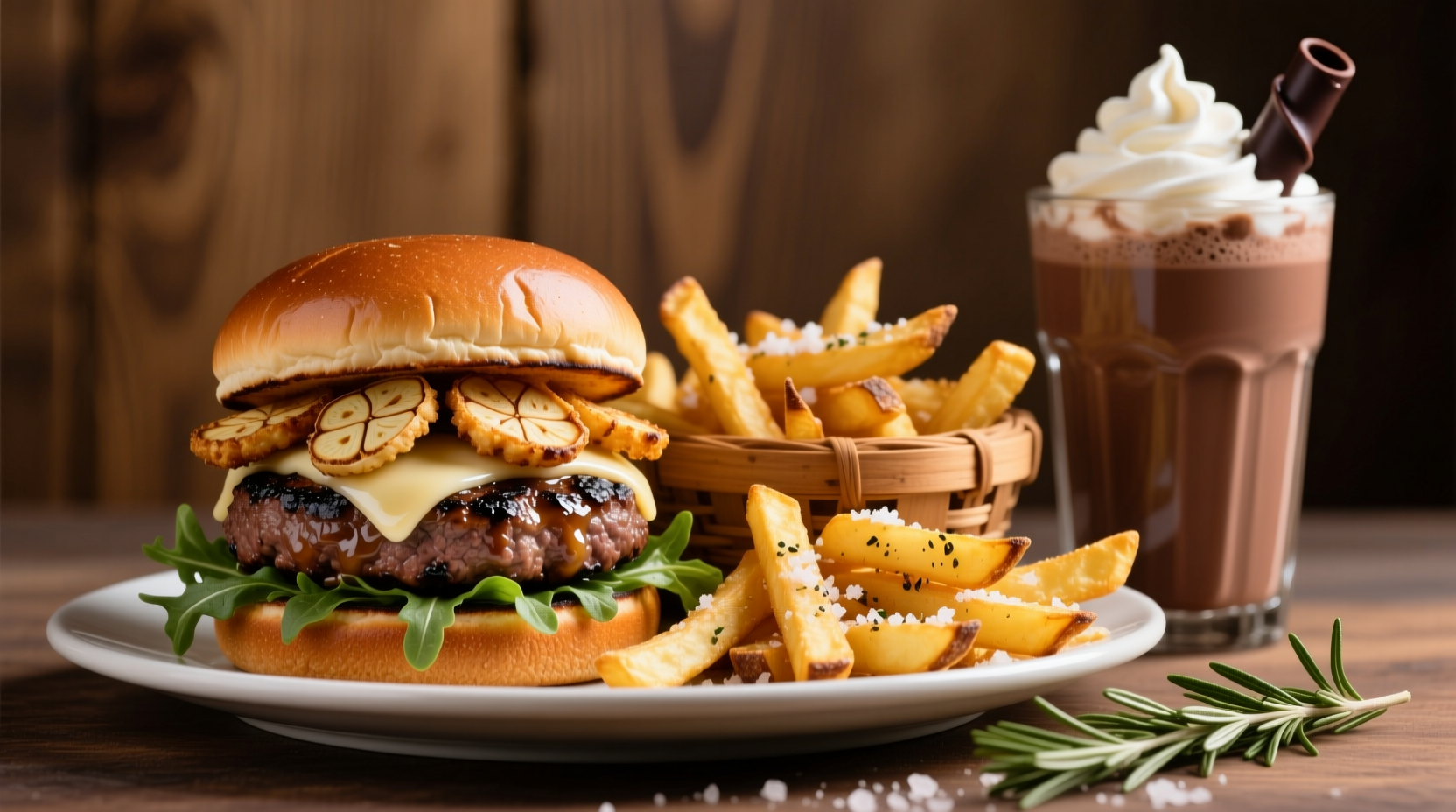 Garlic burger with steak fries and chocolate shake