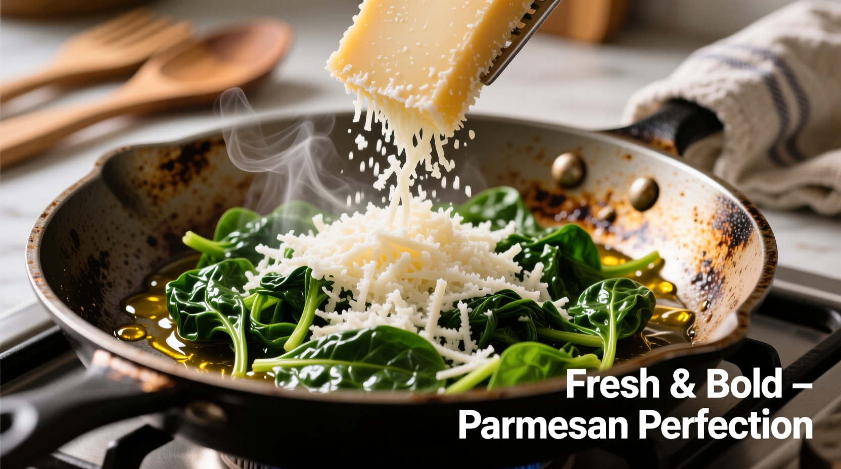 Freshly grated parmesan over sautéed spinach in skillet