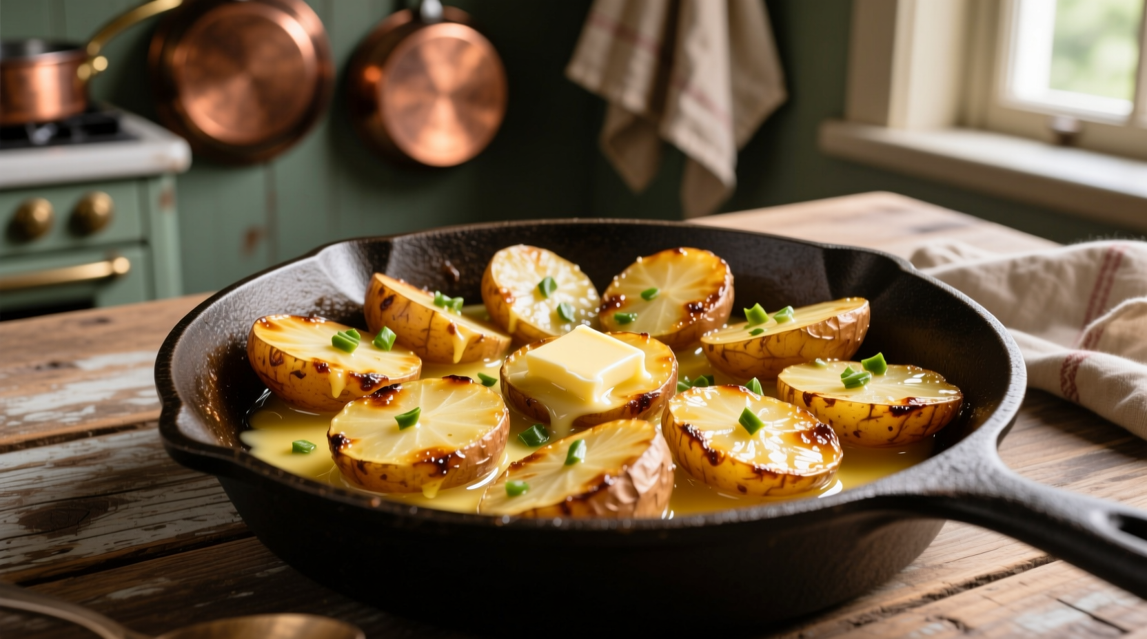 Golden brown sliced potatoes with garlic and butter