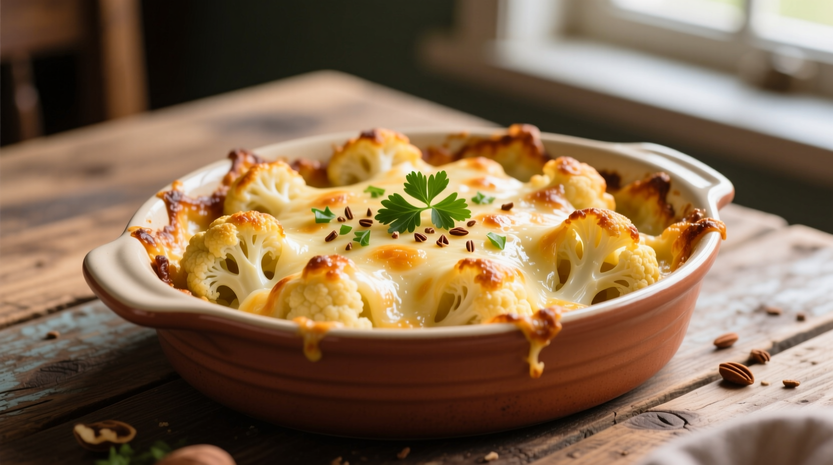 Golden cheese and cauliflower bake in ceramic dish